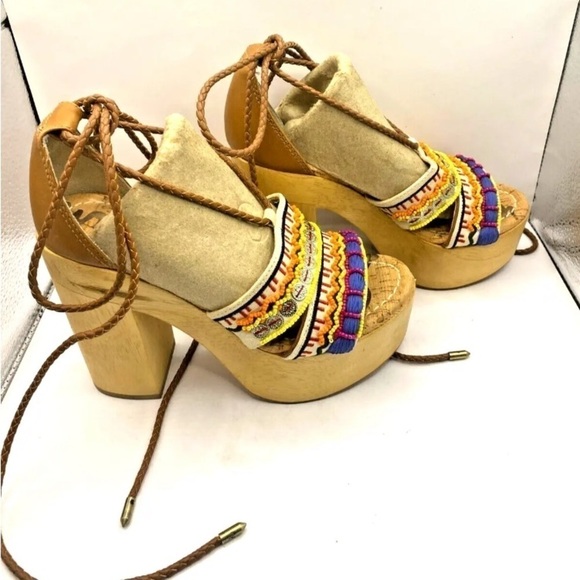New Women Sam Edelman Sz 6 Mel Platform Sandal Wooden Beaded Multi Color Lace Up - Picture 3 of 7